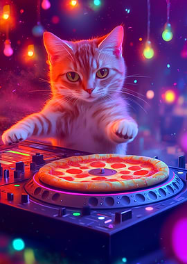 Cat DJ with Pizza