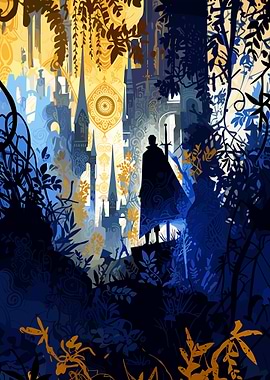 Silhouetted Knight in Fantasy City