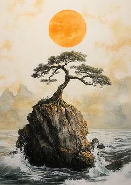 Traditional Japanese Art of Lone Bonsai on a Cliff