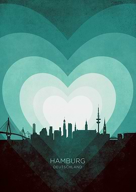 Hamburg Germany Skyline Hearts Teal