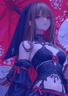 Anime Girl with Red Umbrella Gaming