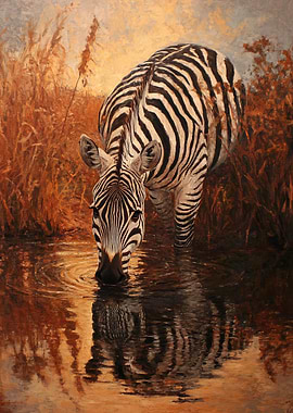 Zebra Drinking at Sunset