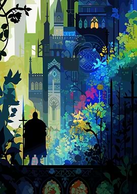 Silhouetted Figure in a Fantasy City