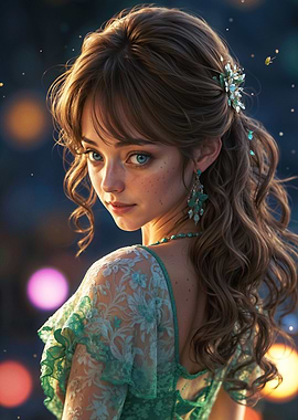 Ethereal Woman in Green Lace Dress with Dreamy Backdrop