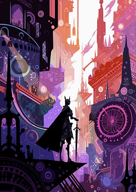 Silhouetted Knight in Fantasy Cityscape