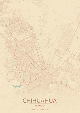 Chihuahua Mexico Vintage Style City Map