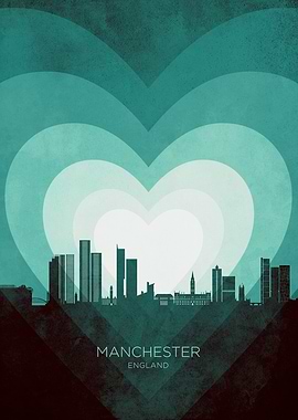 Manchester England Skyline Hearts Teal