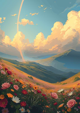 Rainbow Over Flower Field Anime Style