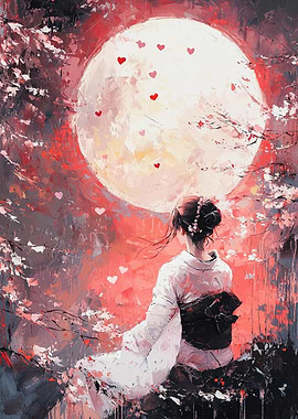 Woman in Kimono Under Full Moon
