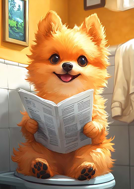 Cute Pomeranian Dog Reading Newspaper Toilet Funny