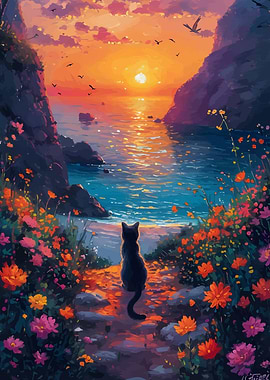 Sunset Cat by the Sea