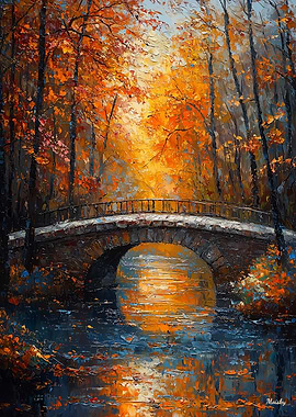 Impressionist Inspired Autumn Bridge Scene