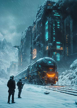 Futuristic Train in Snowy Mountains