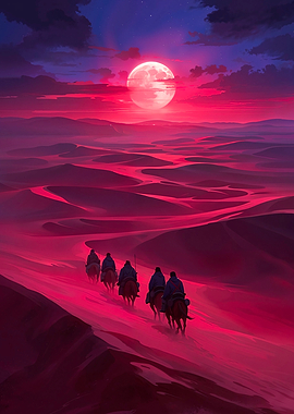 Desert Riders Under Blood Moon