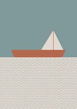 Minimalist Sailboat on Wavy Sea