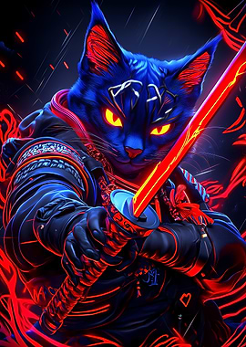 Cyberpunk Cat Russian Blue Samurai Animal