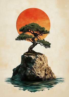 Traditional Bonsai Tree Sunset Artwork
