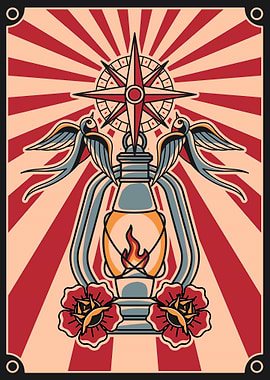 Vintage Lantern & Compass Art