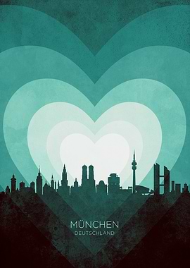 München Germany Skyline Hearts Teal