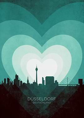 Düsseldorf Germany Skyline Hearts Teal