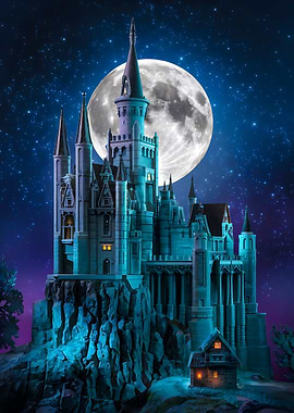 Cool Serenity The Moonlit Castle and Cottage Scene