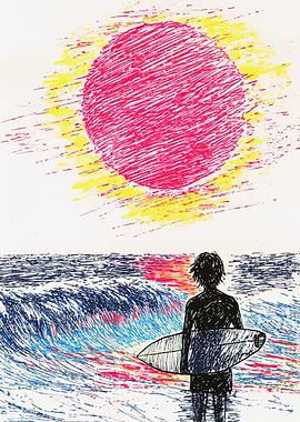 Abstract Sketch Art Surfer at Sunset