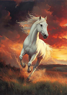 White Horse Running Sunset