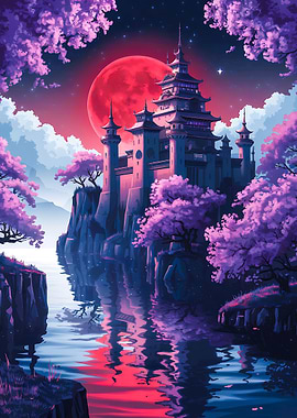 Japanese Castle Under Blood Moon