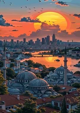 Sunset Cityscape with Mosques