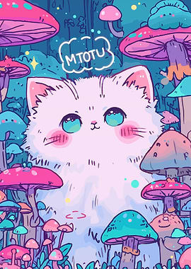 Cute Cat in Mushroom Forest