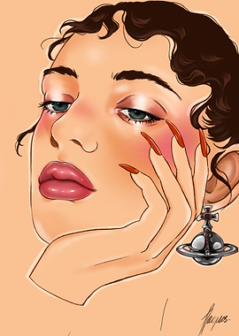Woman with Red Nails and Orb Earrings
