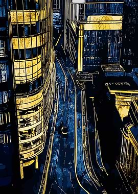 Cityscape with Golden Buildings by Night