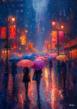 Impressionist Inspired Cityscape with Umbrellas