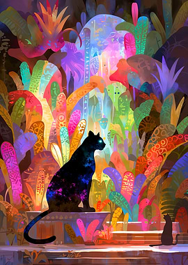 Black Cat in a Colorful Garden