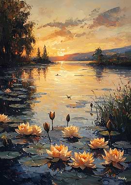 Impressionist Inspired Water Lilies at Sunset