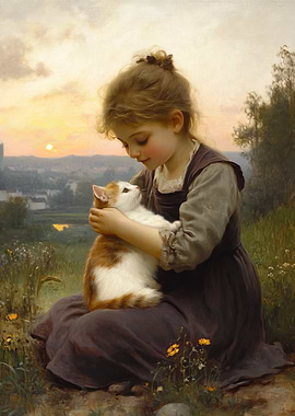 Girl and Cat at Sunset