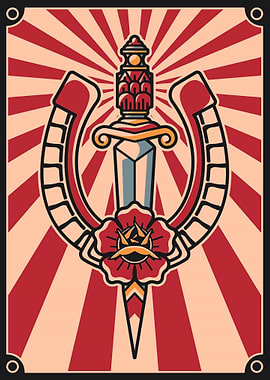 Horseshoe & dagger vintage illustration