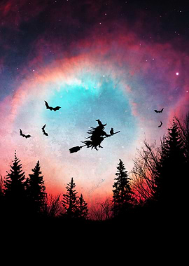 Witch Flying Through Galaxy