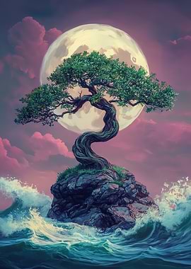 Japanese Bonsai Tree Under Full Moon