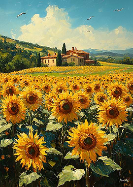 Impressionist Inspired Sunflower Field and Countryside