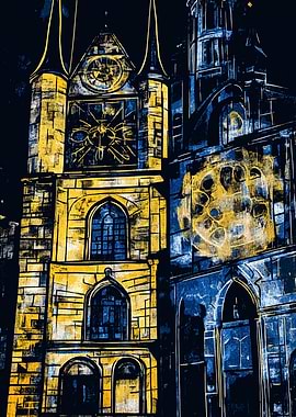 Praha Gothic Architecture Illustration Gold and Blue