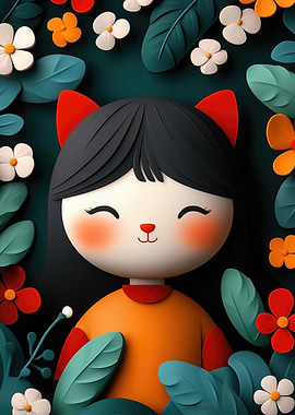 Cute Cartoon Girl with Flowers 3D Clay Art