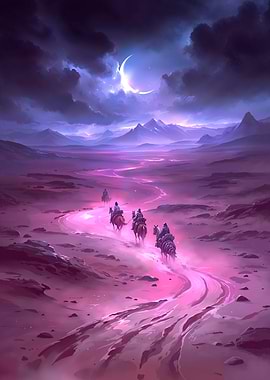 Desert Journey Under Crescent Moon