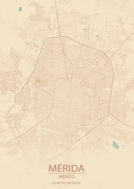 Merida Mexico Vintage Style City Map