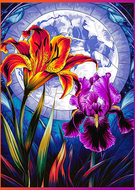 Vibrant Floral Stained Glass Moonlit Scene
