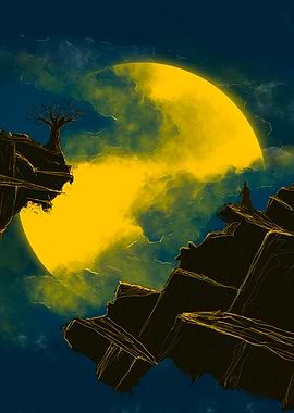 Silhouette on Cliff with Moon