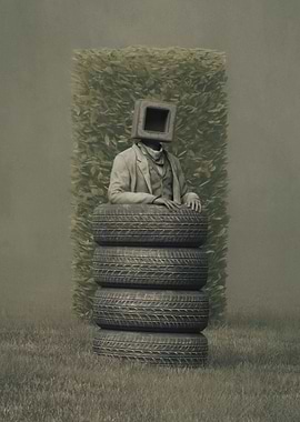 Surreal Figure with Tire Stack