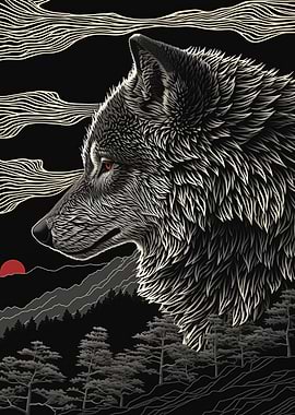 Lineart Wolf in the Mountains