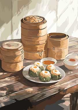 Dim Sum on Wooden Table