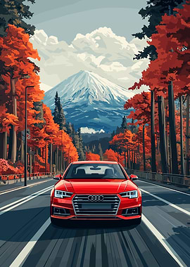 Red Audi on Mountain Road